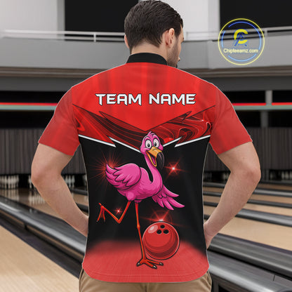 Funny Pink Flamingo Bowling Polo, 1/4 zip shirts for Men Custom Flamingo Team bowling outfit | Red NQS11654