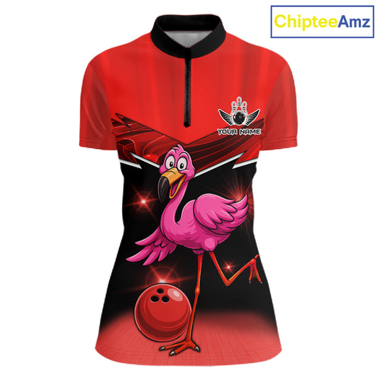 Funny Pink Flamingo Bowling Polo, 1/4 zip shirts for Women Custom Flamingo Team bowling outfit | Red NQS11654