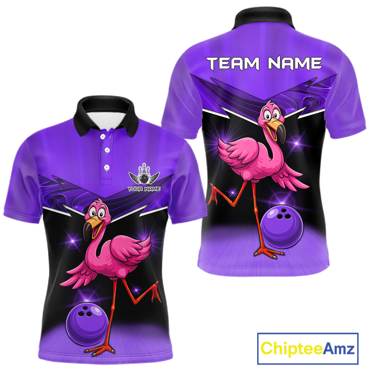 Funny Pink Flamingo Bowling Polo, 1/4 zip shirts for Men Custom Flamingo Team bowling outfit | Purple NQS11655