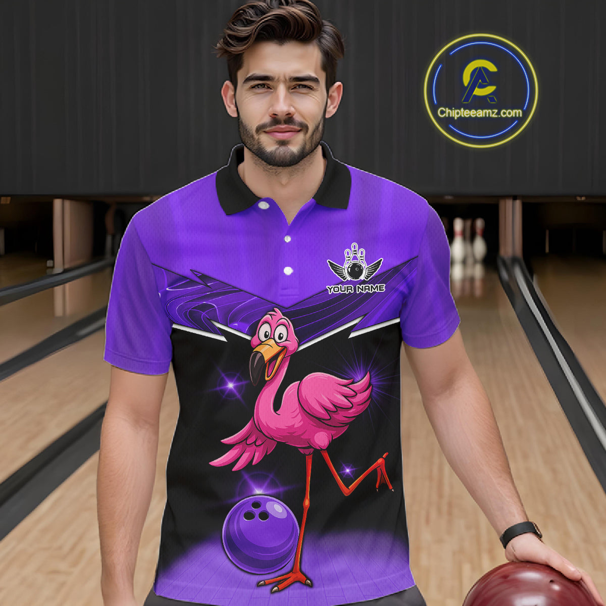 Funny Pink Flamingo Bowling Polo, 1/4 zip shirts for Men Custom Flamingo Team bowling outfit | Purple NQS11655