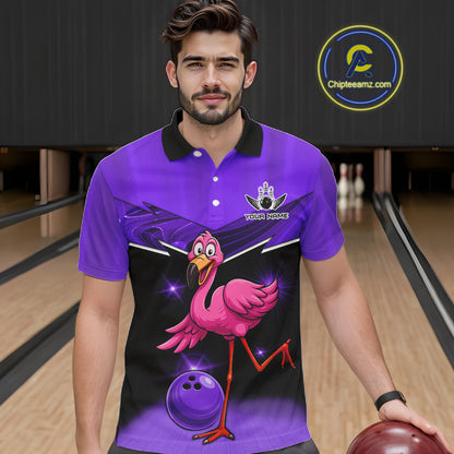 Funny Pink Flamingo Bowling Polo, 1/4 zip shirts for Men Custom Flamingo Team bowling outfit | Purple NQS11655
