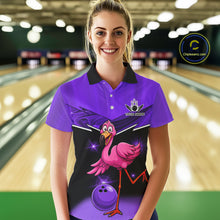 Load image into Gallery viewer, Funny Pink Flamingo Bowling Polo, 1/4 zip shirt for Women Custom Flamingo Team bowling outfit| Purple NQS11655