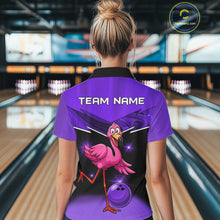 Load image into Gallery viewer, Funny Pink Flamingo Bowling Polo, 1/4 zip shirt for Women Custom Flamingo Team bowling outfit| Purple NQS11655