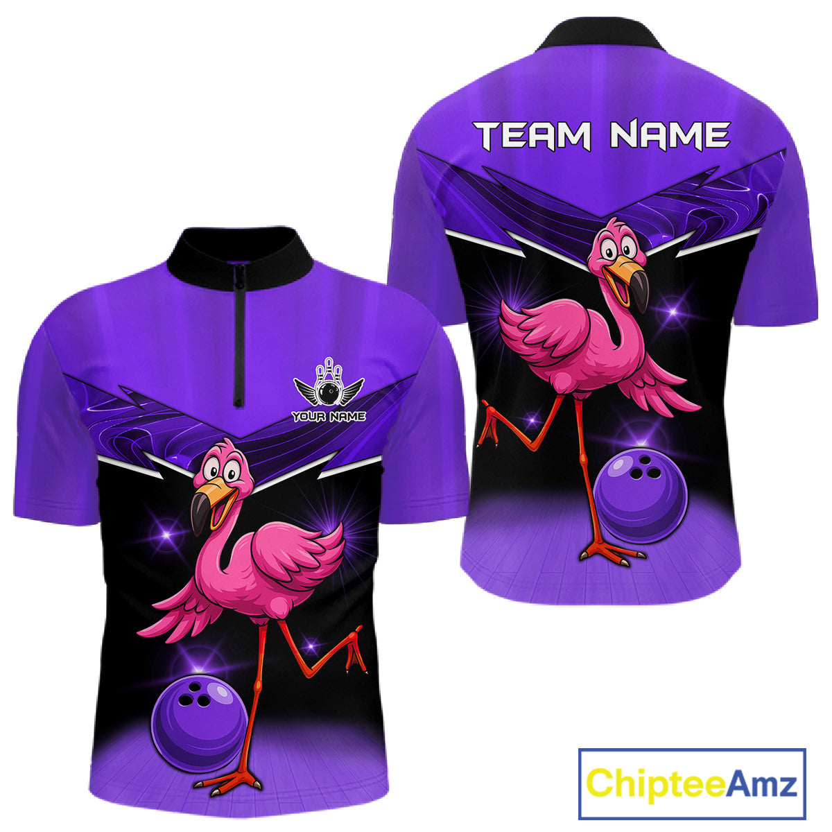 Funny Pink Flamingo Bowling Polo, 1/4 zip shirts for Men Custom Flamingo Team bowling outfit | Purple NQS11655