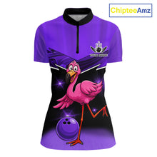Load image into Gallery viewer, Funny Pink Flamingo Bowling Polo, 1/4 zip shirt for Women Custom Flamingo Team bowling outfit| Purple NQS11655