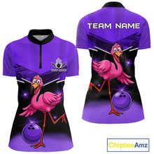 Load image into Gallery viewer, Funny Pink Flamingo Bowling Polo, 1/4 zip shirt for Women Custom Flamingo Team bowling outfit| Purple NQS11655