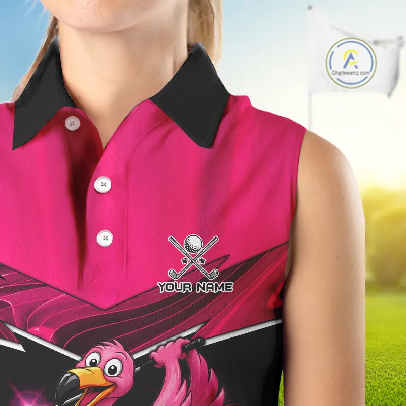Funny Pink Flamingo Sleeveless Golf Shirt Custom Flamingo Team ladies golf tops, funny golf gifts NQS11656