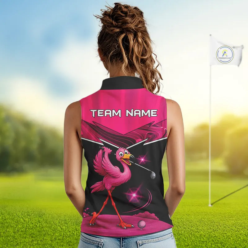 Funny Pink Flamingo Sleeveless Golf Shirt Custom Flamingo Team ladies golf tops, funny golf gifts NQS11656