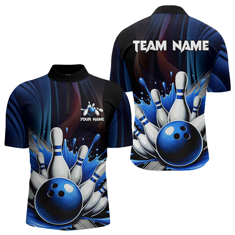 Black and Blue Men's bowling outfits Custom Team Mens bowling Polo, Quarter Zip Shirts NQS9700
