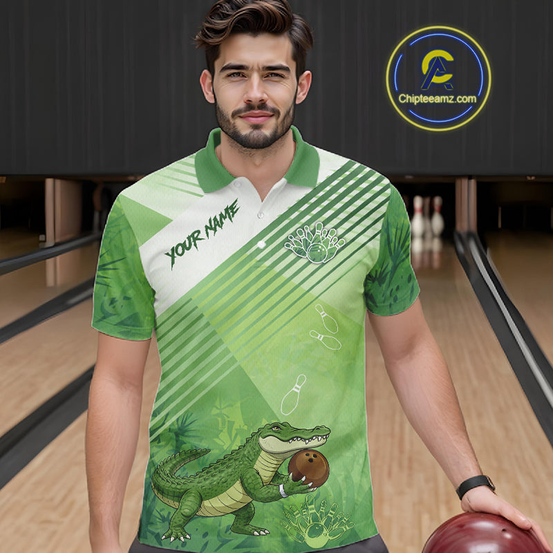 Funny Alligator Bowling Polo, 1/4 Zip Shirts For Men Custom Alligator Bowling Team Jerseys | Green NQS11742