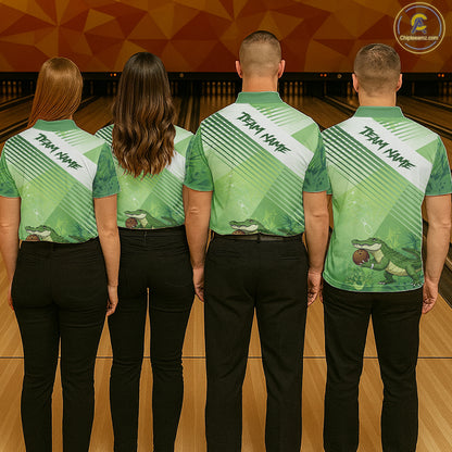 Funny Alligator Bowling Polo, 1/4 Zip Shirts For Men Custom Alligator Bowling Team Jerseys | Green NQS11742