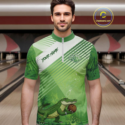 Funny Alligator Bowling Polo, 1/4 Zip Shirts For Men Custom Alligator Bowling Team Jerseys | Green NQS11742