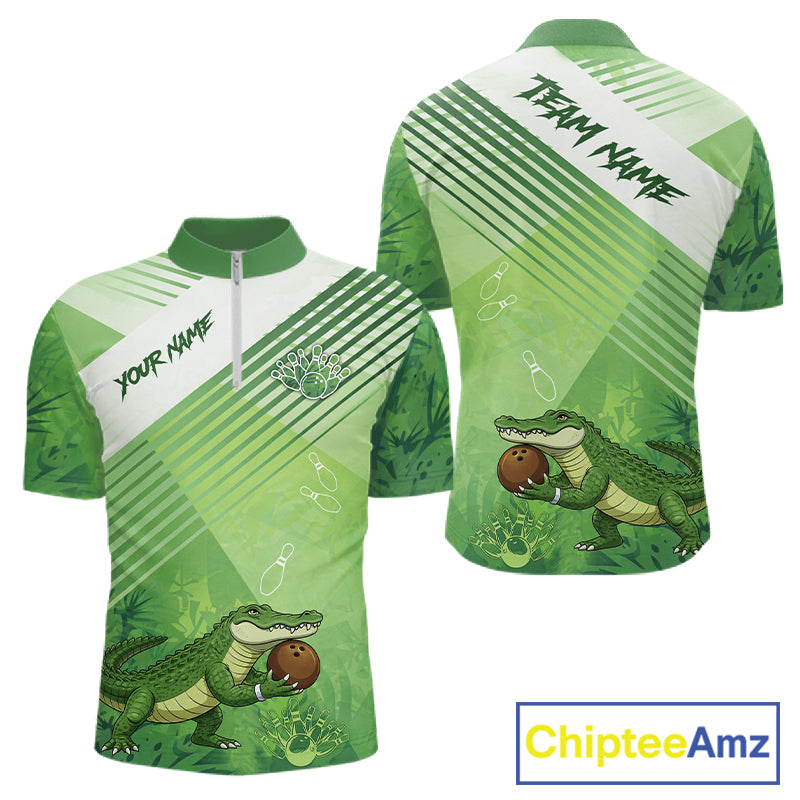 Funny Alligator Bowling Polo, 1/4 Zip Shirts For Men Custom Alligator Bowling Team Jerseys | Green NQS11742