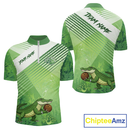 Funny Alligator Bowling Polo, 1/4 Zip Shirts For Men Custom Alligator Bowling Team Jerseys | Green NQS11742