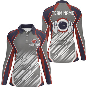 Grey abstract pattern Retro bowling ball and pins custom team Women Bowling Polo Shirts NQS7480