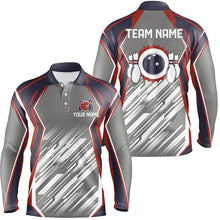 Load image into Gallery viewer, Grey abstract pattern Retro bowling ball and pins custom team Men Bowling Polo Shirts NQS7480