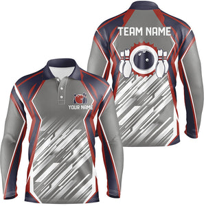 Grey abstract pattern Retro bowling ball and pins custom team Men Bowling Polo Shirts NQS7480