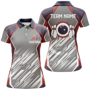 Grey abstract pattern Retro bowling ball and pins custom team Women Bowling Polo Shirts NQS7480