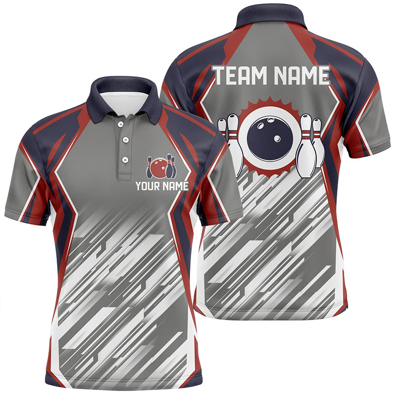 Grey abstract pattern Retro bowling ball and pins custom team Men Bowling Polo Shirts NQS7480