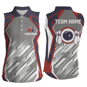 Grey abstract pattern Retro bowling ball and pins custom team Women Bowling sleeveless Polo Shirts NQS7480