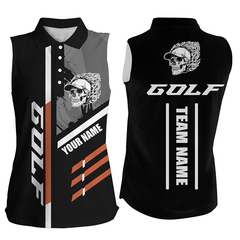 Black Golf Skull Womens sleeveless polo shirt custom golf attire for ladies, golf gift for team golfer NQS7483