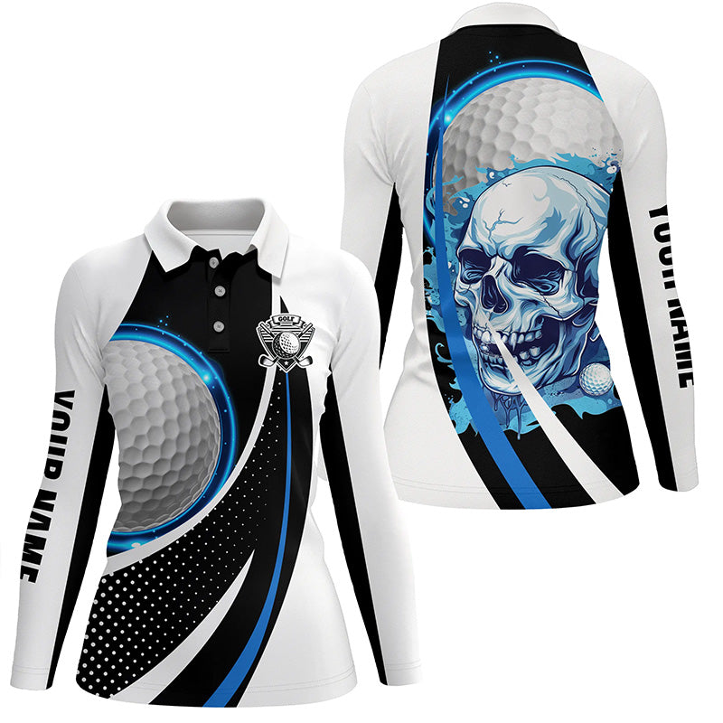 Black and white Golf Skull Womens golf polos shirts custom golf attire for ladies, gifts golfer | Blue NQS7484
