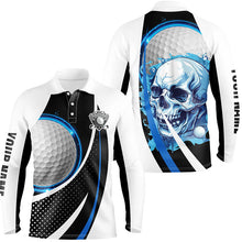 Load image into Gallery viewer, Black and white Golf Skull Mens golf polo shirt custom golf attire for men, gifts for golfer | Blue NQS7484