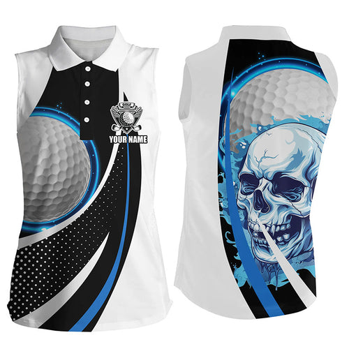 Black and white Golf Skull Womens sleeveless polo shirt custom golf attire for ladies | Blue NQS7484