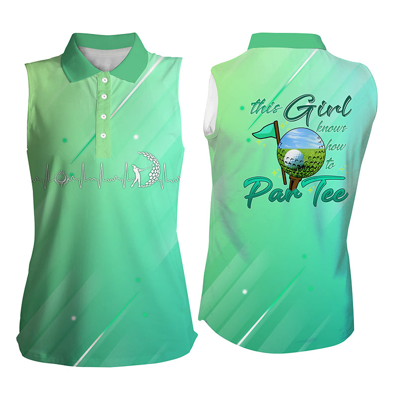 Green gradient Womens sleeveless polo shirt this girl knows how to par tee, golf gifts for girl NQS5472