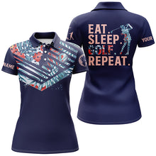 Load image into Gallery viewer, Hibiscus flower American flag Womens golf polo shirt custom name eat sleep golf repeat funny golf tops NQS5480