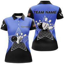 Load image into Gallery viewer, Blue and Black retro bowling ball pins star custom Women&#39;s bowling Polo, Quarter Zip shirt team jersey NQS7830