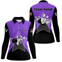 Load image into Gallery viewer, Purple &amp; Black retro bowling ball pins star custom Women&#39;s bowling Polo, Quarter Zip shirt team jersey NQS7831