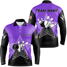 Load image into Gallery viewer, Purple &amp; Black retro bowling ball pins star custom Men&#39;s bowling Polo, Quarter Zip shirts team jerseys NQS7831