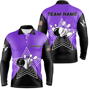 Purple & Black retro bowling ball pins star custom Men's bowling Polo, Quarter Zip shirts team jerseys NQS7831