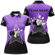 Load image into Gallery viewer, Purple &amp; Black retro bowling ball pins star custom Women&#39;s bowling Polo, Quarter Zip shirt team jersey NQS7831