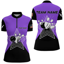 Load image into Gallery viewer, Purple &amp; Black retro bowling ball pins star custom Women&#39;s bowling Polo, Quarter Zip shirt team jersey NQS7831