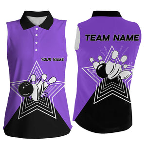 Purple and Black retro bowling ball pins star custom Women's bowling sleeveless polo shirt team jersey NQS7831