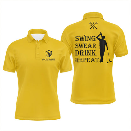 Funny Mens golf polos shirt custom swing swear drink repeat, team golf shirts for Men | Yellow NQS8060