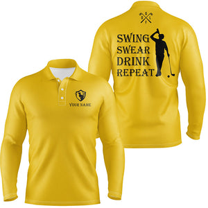 Funny Mens golf polos shirt custom swing swear drink repeat, team golf shirts for Men | Yellow NQS8060