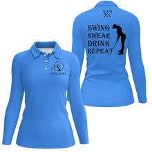 Load image into Gallery viewer, Funny Womens golf polo shirt custom swing swear drink repeat, team golf shirts for Women | Blue NQS8061