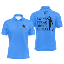 Load image into Gallery viewer, Funny Mens golf polos shirt custom swing swear drink repeat, team golf shirts for Men | Blue NQS8061