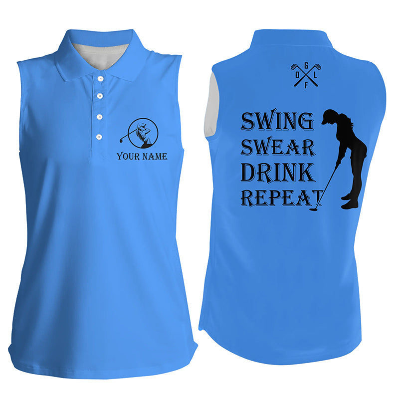 Funny Womens sleeveless polo shirt custom swing swear drink repeat, team golf shirts ladies | Blue NQS8061