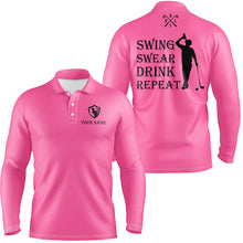 Load image into Gallery viewer, Funny Mens golf polos shirt custom swing swear drink repeat, team golf shirts for Men | Pink NQS8062