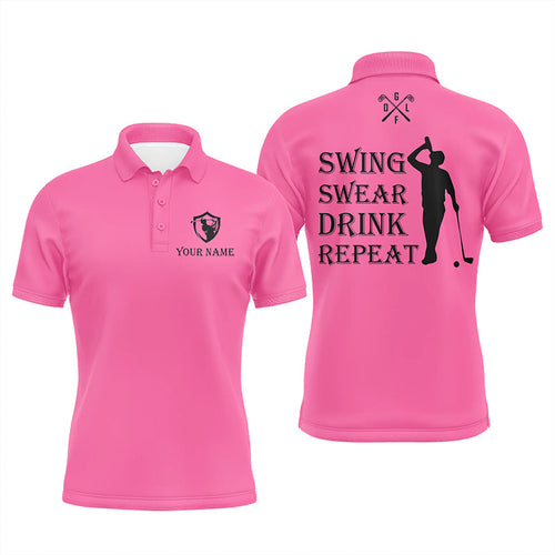 Funny Mens golf polos shirt custom swing swear drink repeat, team golf shirts for Men | Pink NQS8062