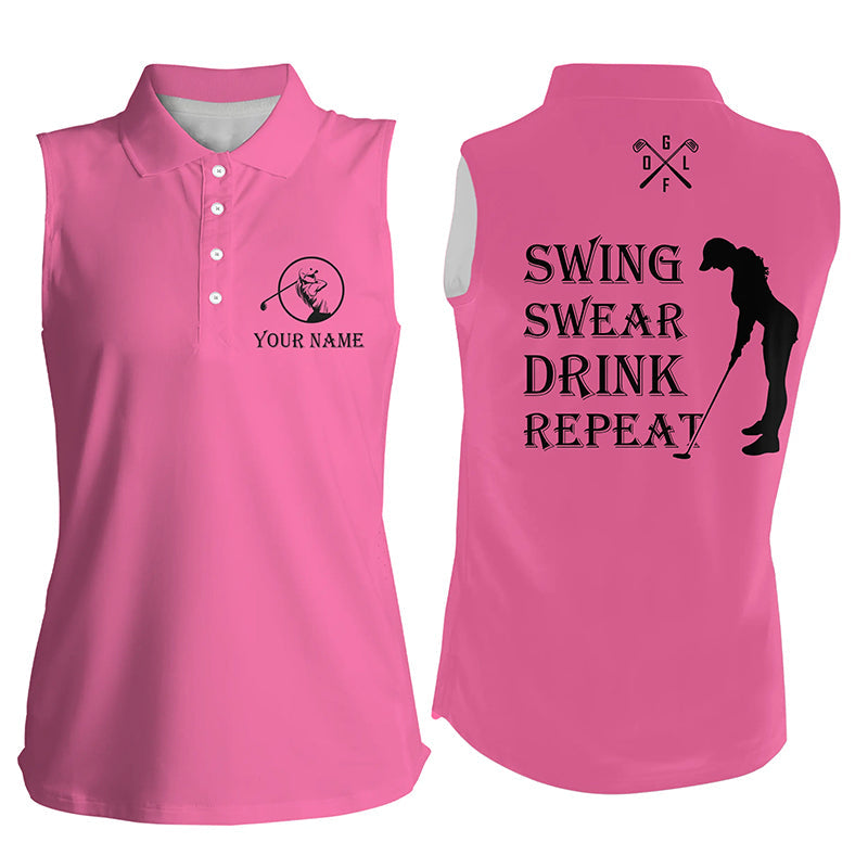 Funny Womens sleeveless polo shirt custom swing swear drink repeat, team golf shirts ladies | Pink NQS8062