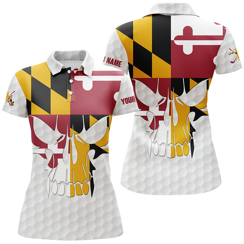 Womens golf polo shirts Maryland flag patriotic skull golf shirts for women, ladies golf top NQS6147