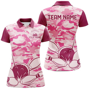 Pink Camo Bowling Polo, 1/4 Zip Shirts For Women Custom Bowling Team League Jerseys, Gift For Bowlers NQS8474