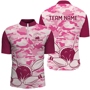 Pink Camo Bowling Polo, 1/4 Zip Shirts For Men Custom Bowling Team League Jerseys, Gift For Bowlers NQS8474