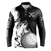 Load image into Gallery viewer, Black and White Flame Golf ball Fire Mens Golf Polo Shirt custom golf outfit for mens, best golf gifts NQS8481