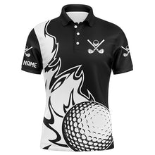 Load image into Gallery viewer, Black and White Flame Golf ball Fire Mens Golf Polo Shirt custom golf outfit for mens, best golf gifts NQS8481